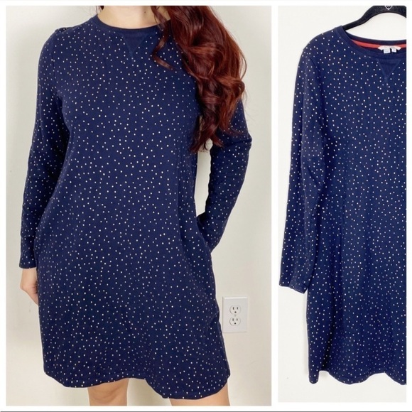 Boden Off Duty Long Sleeve Navy Blue Shift Dress w/ Gold Polka Dots US Size 4 - Picture 1 of 9